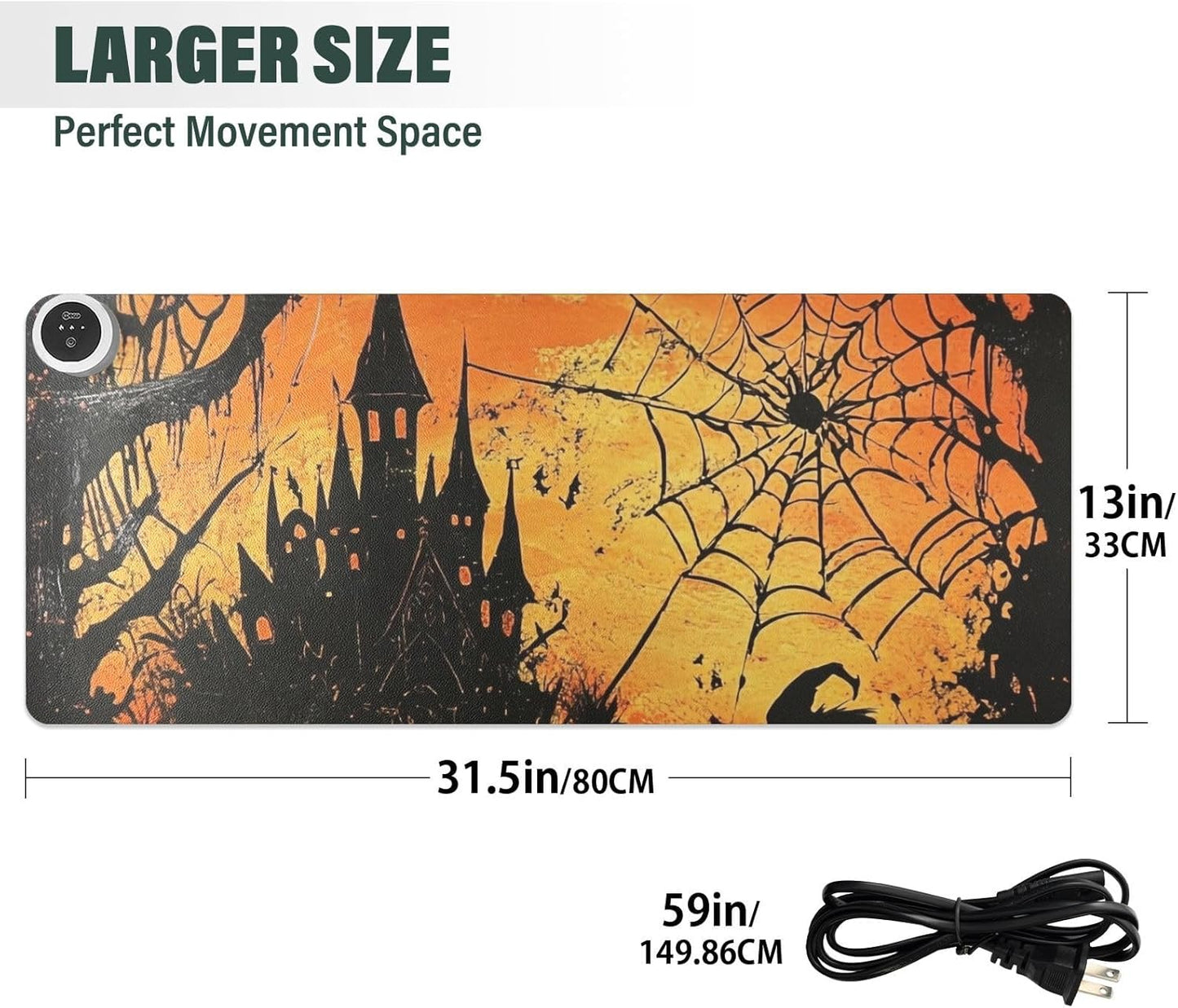 Heated Desk Pad Mouse Pad 31.5x13 Inch PU Leather Desk Mat with 3 Heat Levels Large Mouse Gaming Computer Laptop Mat Orange Witch Castle Halloween