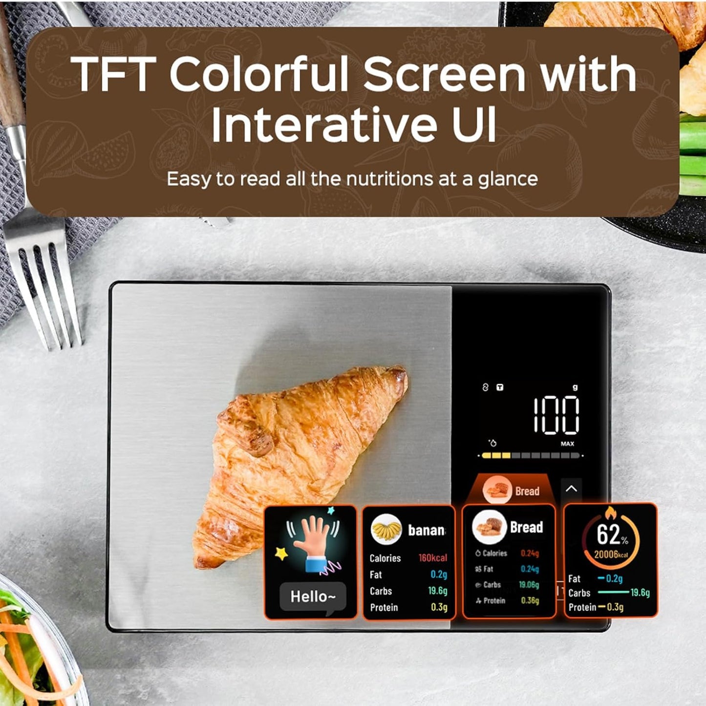 Smart Nutrition Food Scale with App Sync, Tracks 23 Nutrients (Calories Carbs Protein Fat), Digital Kitchen Scale for Weight Loss & Meal Prep, with High-Definition Touch Color Display Screen