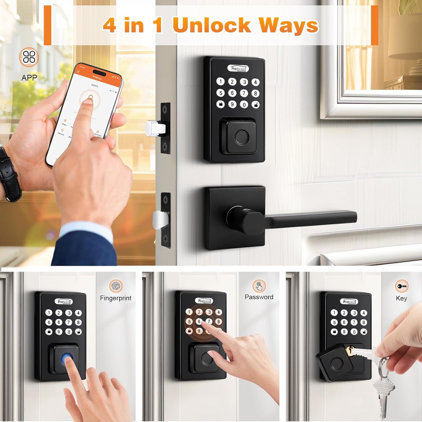 Probrico Smart Door Lock for Front Door Keypad Lock with Handle Lever, Fingerprint Deadbolt Door Lock with Code, Keyless Deadbolt Lock with Handle, Black Smart Deadbolt Lock, APP, Passcode, Auto Lock