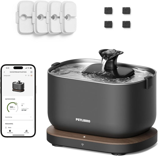 Bundle of PETLIBRO App Monitoring Cat Water Fountain with Wireless Pump + 4 Packs Genuine Replacement Filters, 2.5L/84oz Dockstream Pet Water Fountain for Cats Inside, Auto Cat Water Dispenser Dog