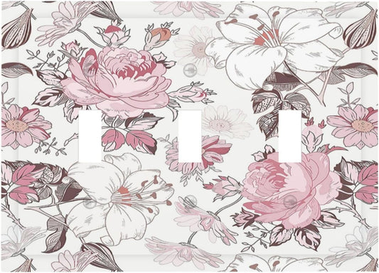 Decorative Switch Plates Modern Watercolor Flower Pink White Wildflower 3 Gang Wall Plate Faceplate Triple Toggle Light Switch Cover Electrical Wall Panels for Bedroom Home Decor
