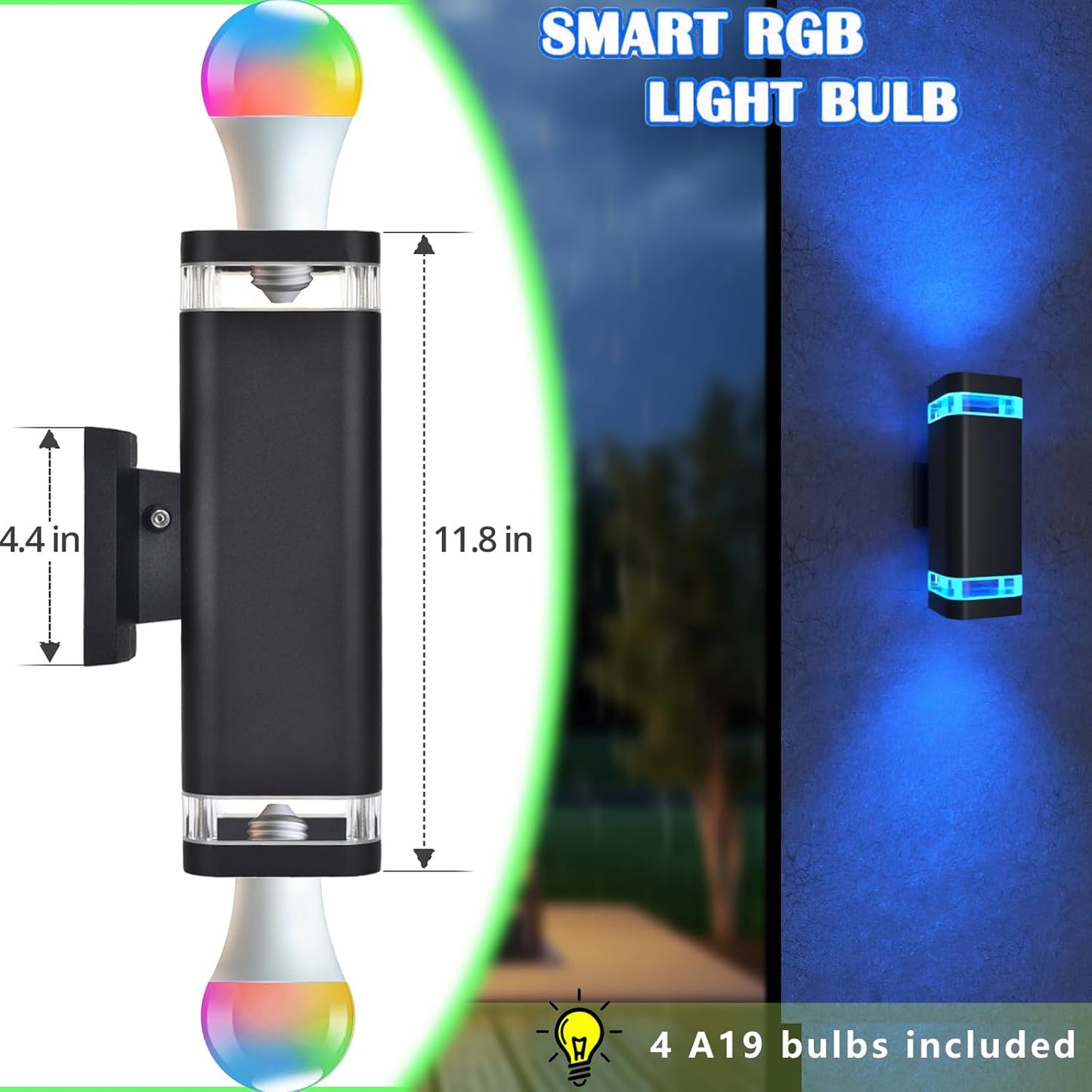 Smart WiFi Outdoor Wall Sconce Lights 2 Pack,Porch Lights RGB Color Changing App Control, Dimmable White Range of 2700K-6500K Up Down Exterior Wall Lights for House,Works with Alexa Google Assistant
