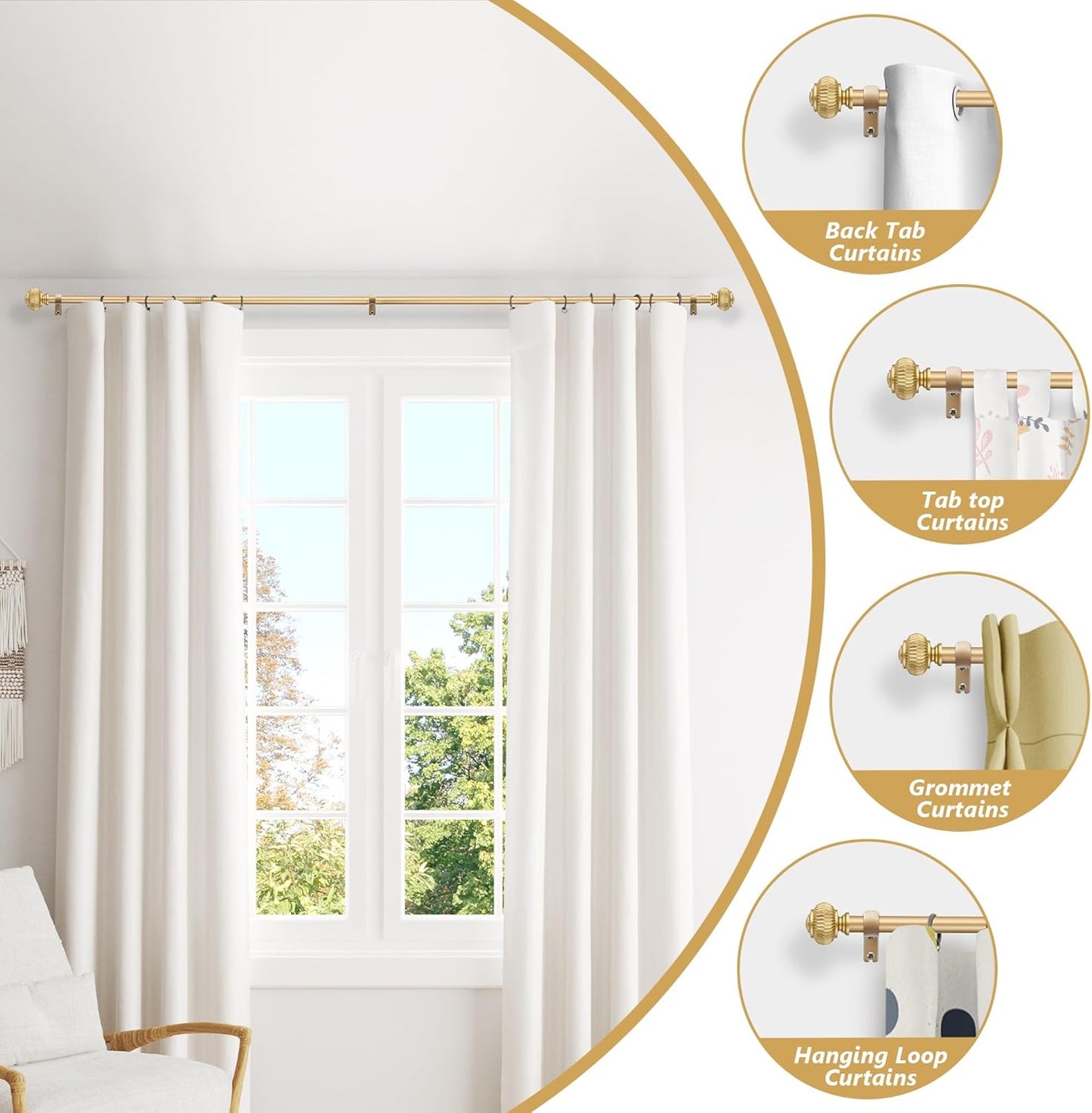Gold Curtain Rods for Windows 28 to 48 Inches 6/8 Inch Adjustable Heavy Duty Curtain Rods with Lantern Ball Finials,Window Treatment Single Curtain Rod Set