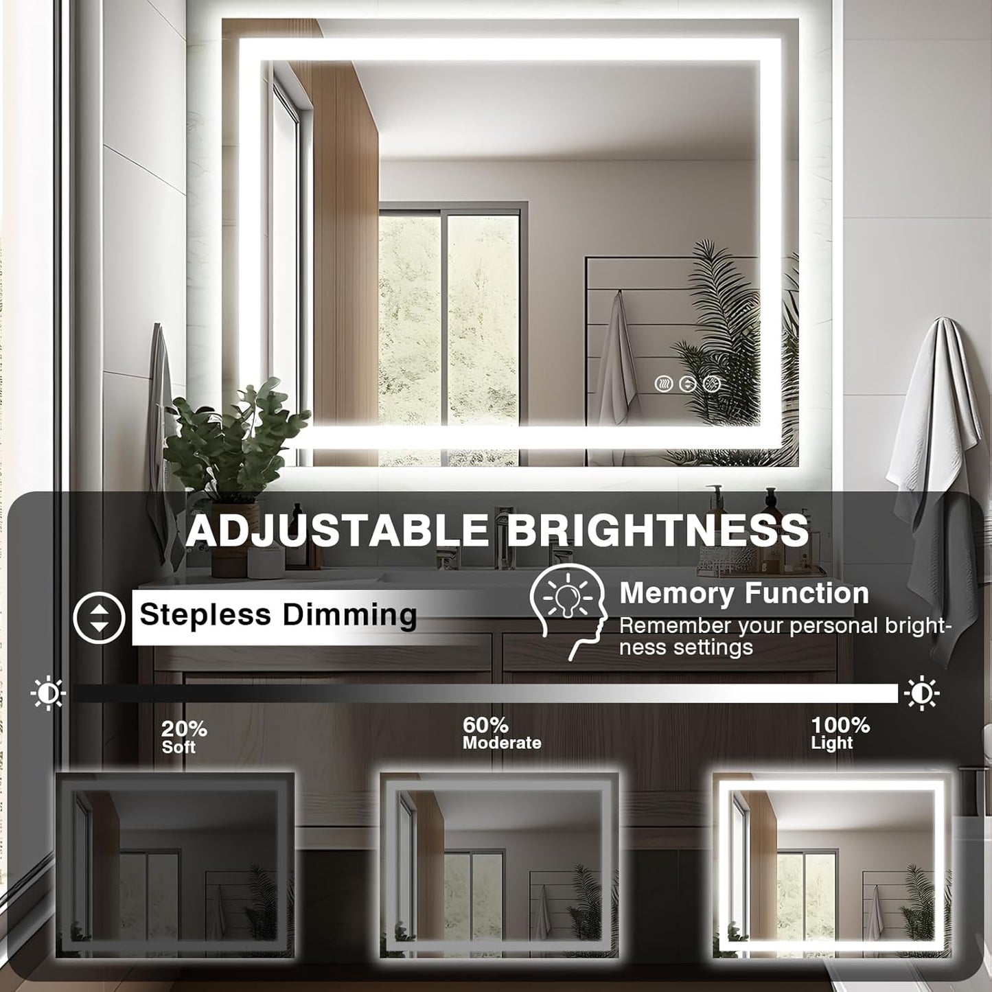 40"x32" LED Bathroom Mirrors for Wall, Front and Backlit Mirror, Anti-Fog Vanity Mirror with Lights, Stepless 3 Colors Dimmable Lighted Mirror(Horizontal/Vertical)