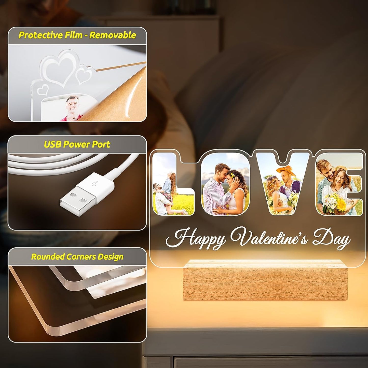 Custom Picture Frames with Photo, Personalized Photo Frame with Night Light, Customized Couples Gifts, Personalized Anniversary Valentines Day Gifts for Women Men Her Him Girlfriend Boyfriend