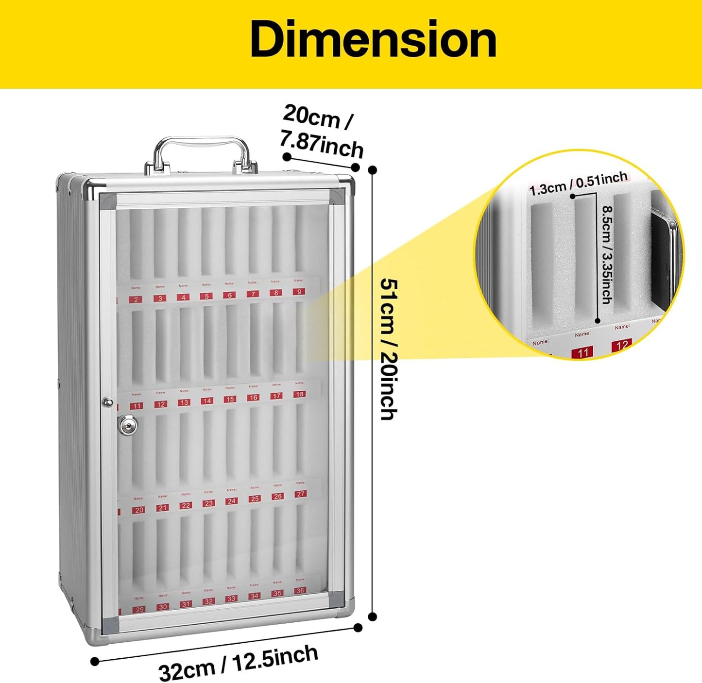 36-Slot Cell Phone Locker with Lock & Key, Heavy Duty Aluminum & Acrylic Cell Phone Storage for Classroom, Office, Retail – Wall Mount Secure Cell Phone Holder, Lock Box, Phone Jail (Silver)
