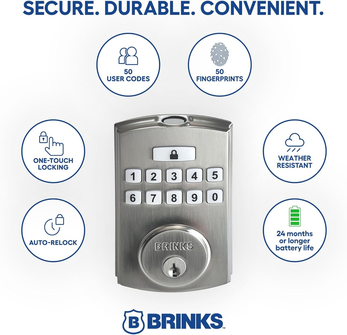 BRINKS Security Door Locks, High-Security Keyless Entry, Smart Electronic Door Lock with Deadbolt, Up to 50 Codes, Automatic Locking (Deadbolt & Passage Lever, Satin Nickel)