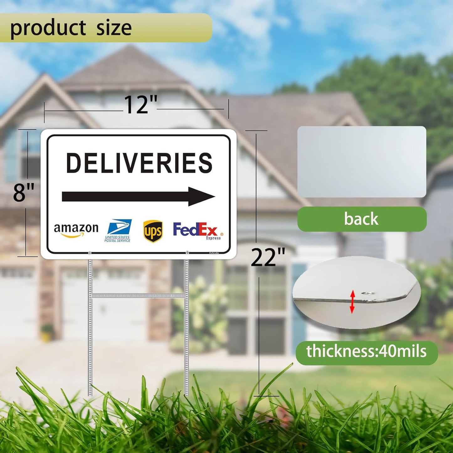 Deliveries Sign with Stake 12”x8” Delivery Sign with Arrow Right Aluminum Metal Delivery Instruction for Packages Easy Installation for Home