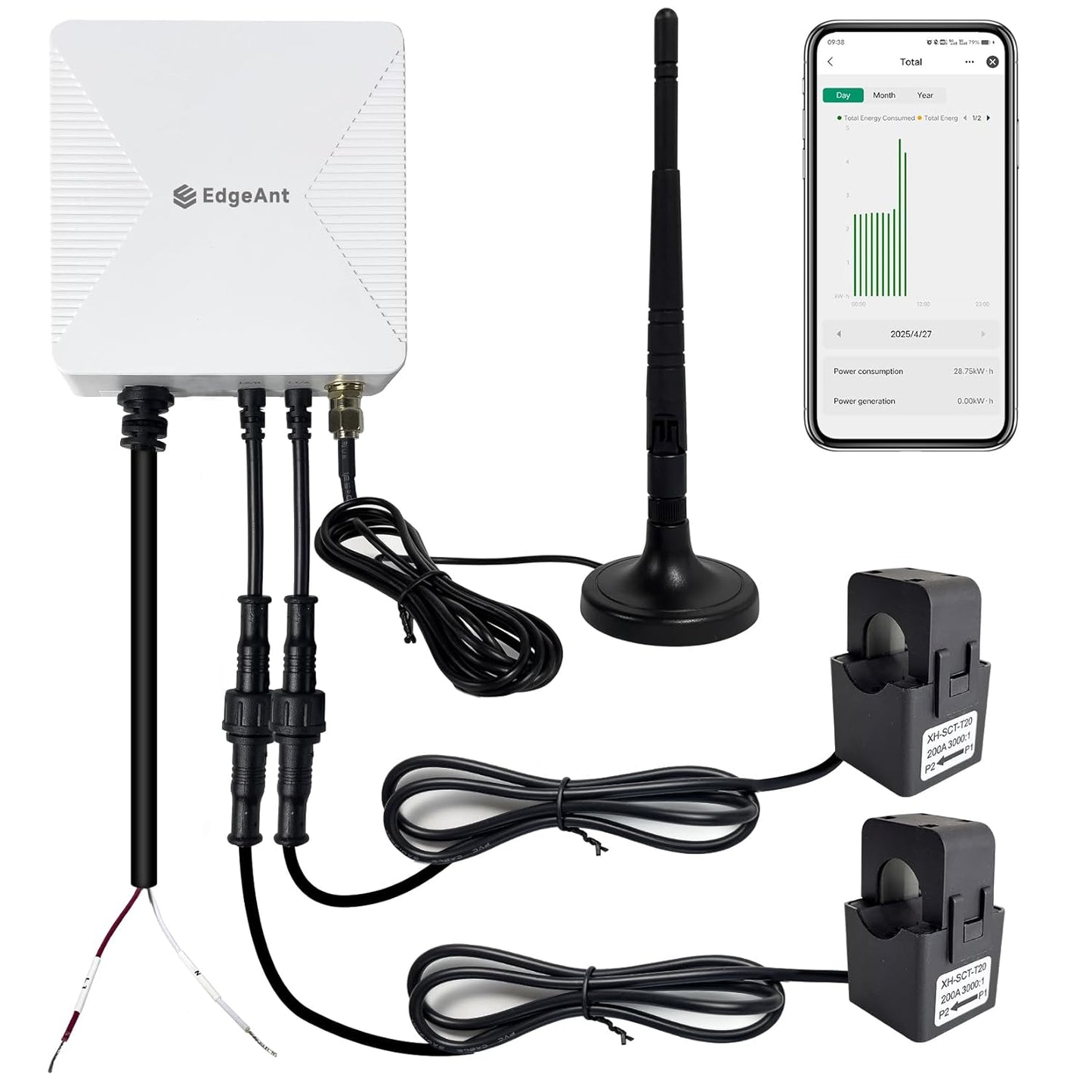 WiFi Energy Monitor with 2 * 200A Clamps, Real-Time Electricity Tracking, Smart Home Power Management, WiFi Meter Solar/Net Metering, Home Energy Automation and Control