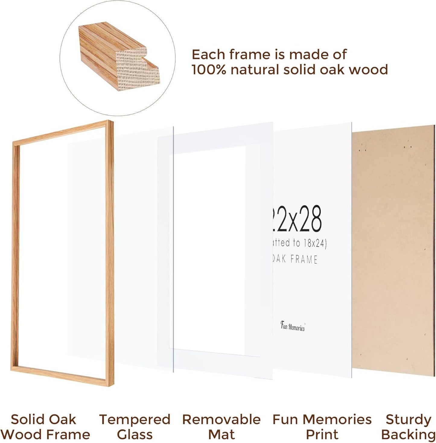 22x28 Picture Frame, Natural Oak Wood 22 x 28 Poster Frames, Set of 2, 22x28 Frame Matted to 18x24, 22 by 28 Picture Frames with Tempered Glass, Oak Color