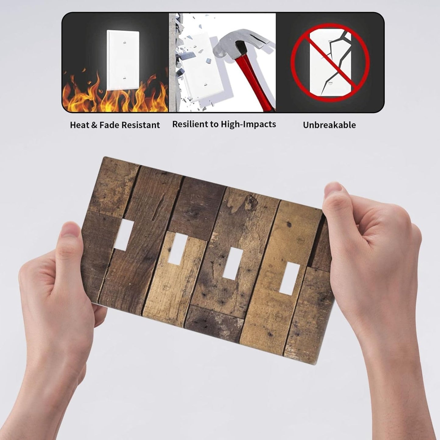 Cool Brown Wood Style Vintage Rustic Print Light Switch Covers Quad Toggle Electrical Faceplate 4 Gang Wall Plate Decorative Switch Plates for Farmhouse Home Decor