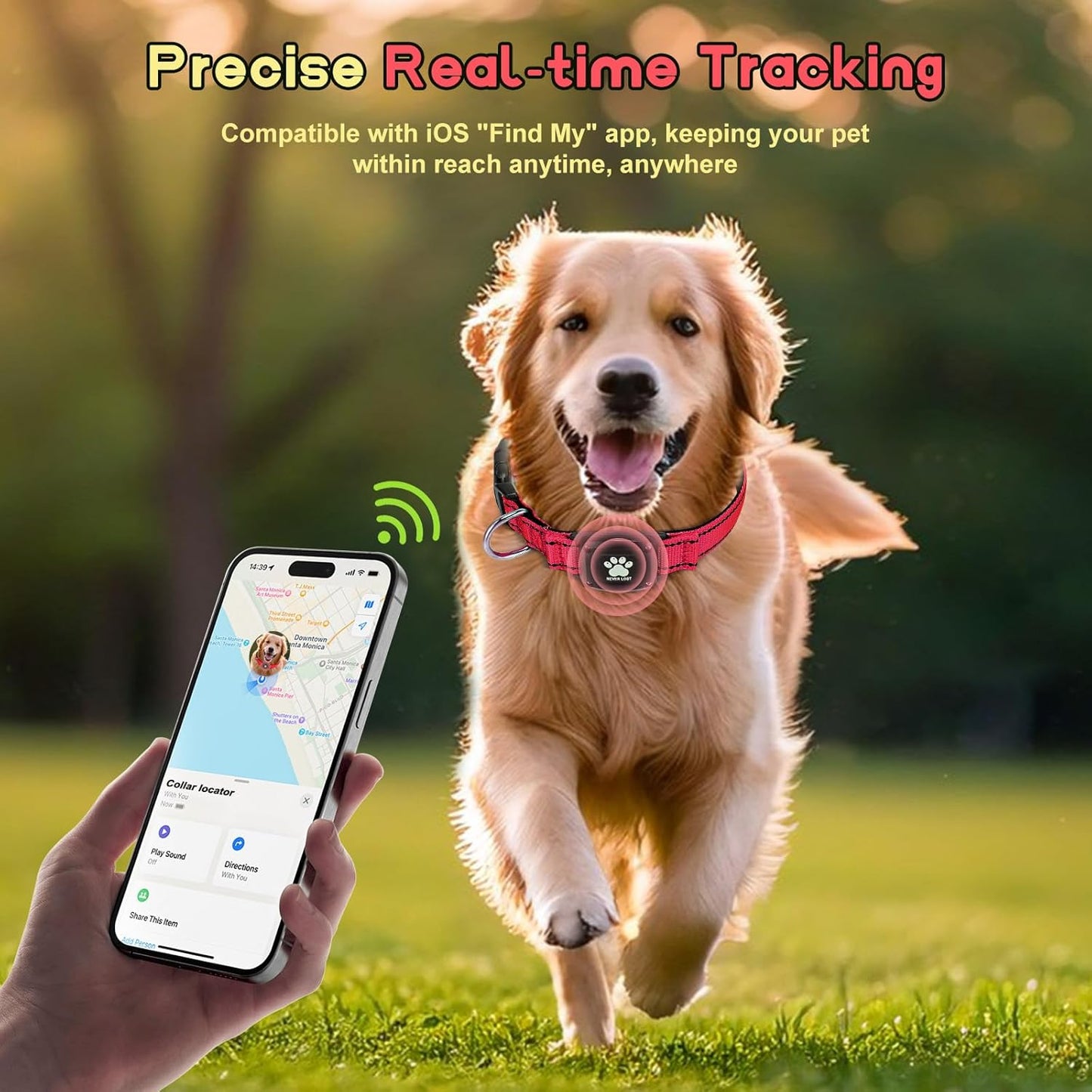 GPS Dog Collar Tracker 2-in-1,Reflective Waterproof Pet Collar,iOS-Only,No Monthly Fees,Unlimited Range,Ideal for Dog Tracking pet Tracker,for Small Dogs(S (12.6"-16.5" Width:0.78"), Red)