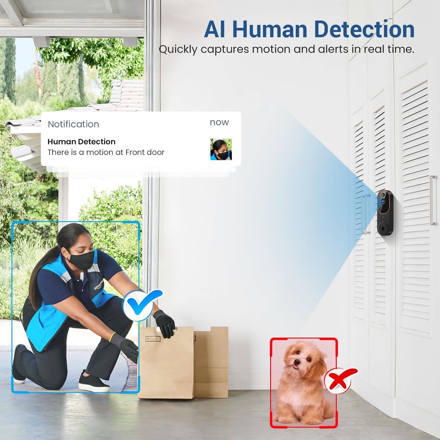 1080P Wireless Video Doorbell Camera, AI Human Detection, Cloud Storage, Two-Way Audio, 2.4GHz Wi-Fi Support, Real-Time Alerts, Easy Installation, Night Vision (Brown)