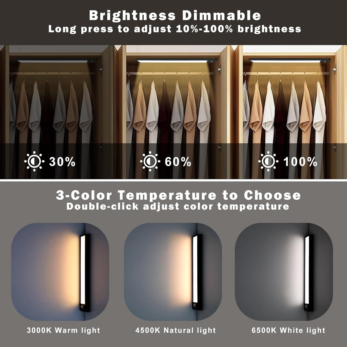 68 LED Motion Sensor Under Cabinet Lights, 3 Color Temps Indoor Dimmable Closet Light, Rechargeable Wireless Magnetic Strip Lights Night Light for Hallway, Stairway, Drawers, Wardrobe(2 Pack, 10 inch)