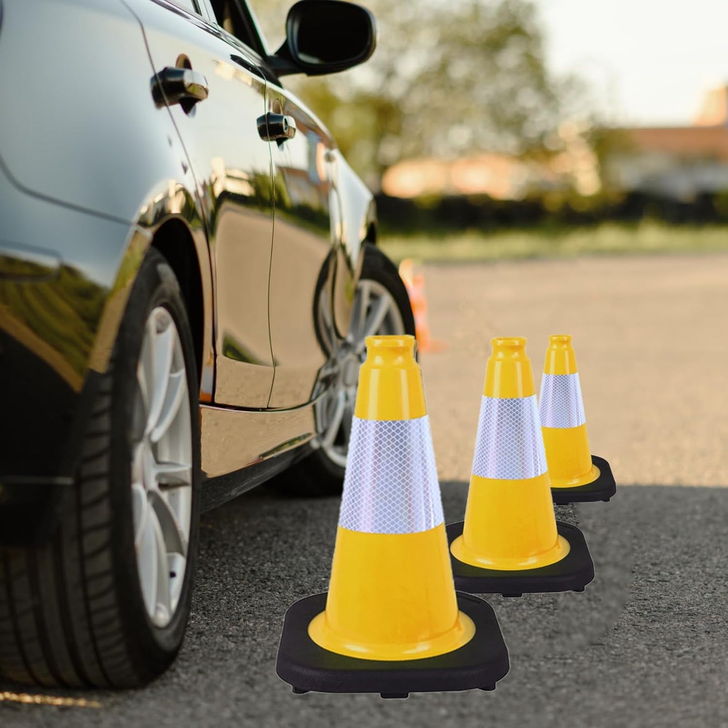6 Pack 12 Inch Yellow Reflective Traffic Cones, Black Base Safety Markers for Warehouse Aisles, Driveways and Indoor Safety Training (6, Yellow, 12 Inch)