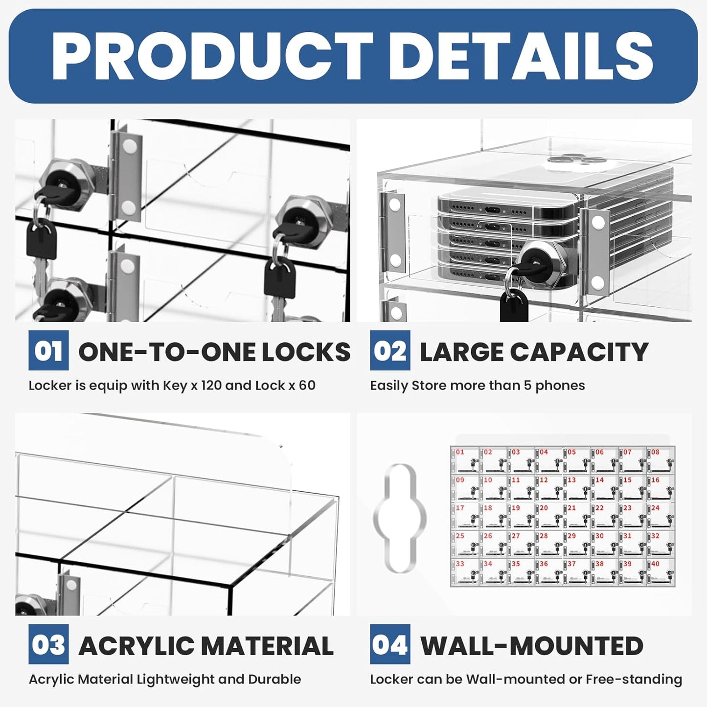 Cell Phone Locker 100 Slots, Wall-Mounted Cell Phone Lock Box with Keys, Acrylic Cell Phone Storage Locker for Employees Office Classroom Gym, Clear Cell Phone Locker Cabinet for Storage (60 Slots)