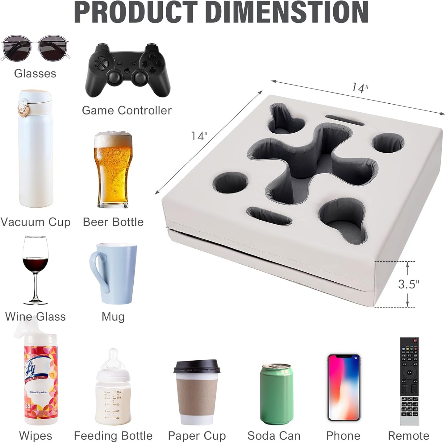 Couch Cup Holder Pillow-Sofa Cup Holder for Bed, Rv, Tv, Car, Man Cave, Backseat | Remote, Drinks, Snacks Tray Caddy Cupholder (PULightGrey)