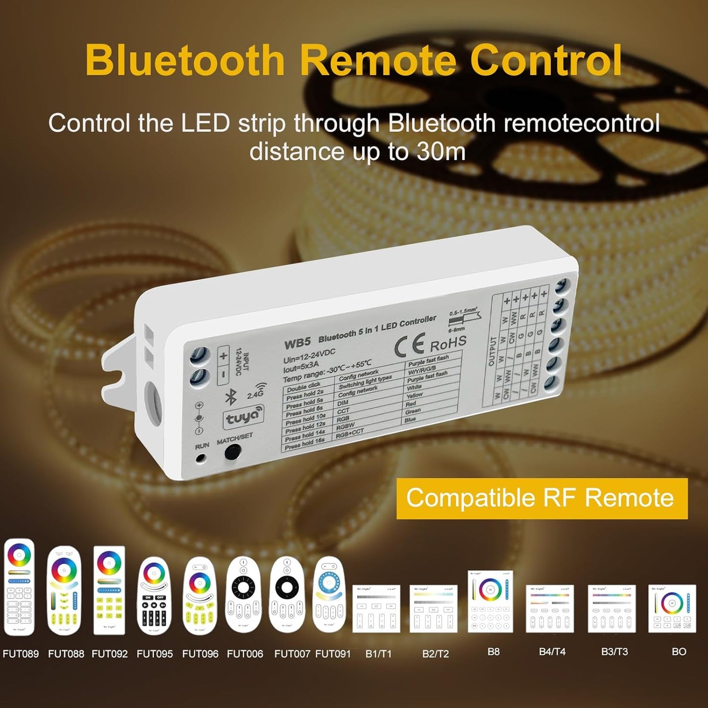 5in1 WB5 LED Controller Bluetooth Control 2.4GHz Dimmable CCT RGB RGBW RGBCCT COB LED Strips - Compatible with Tuya App Echo Alexa Google Home Voice Control
