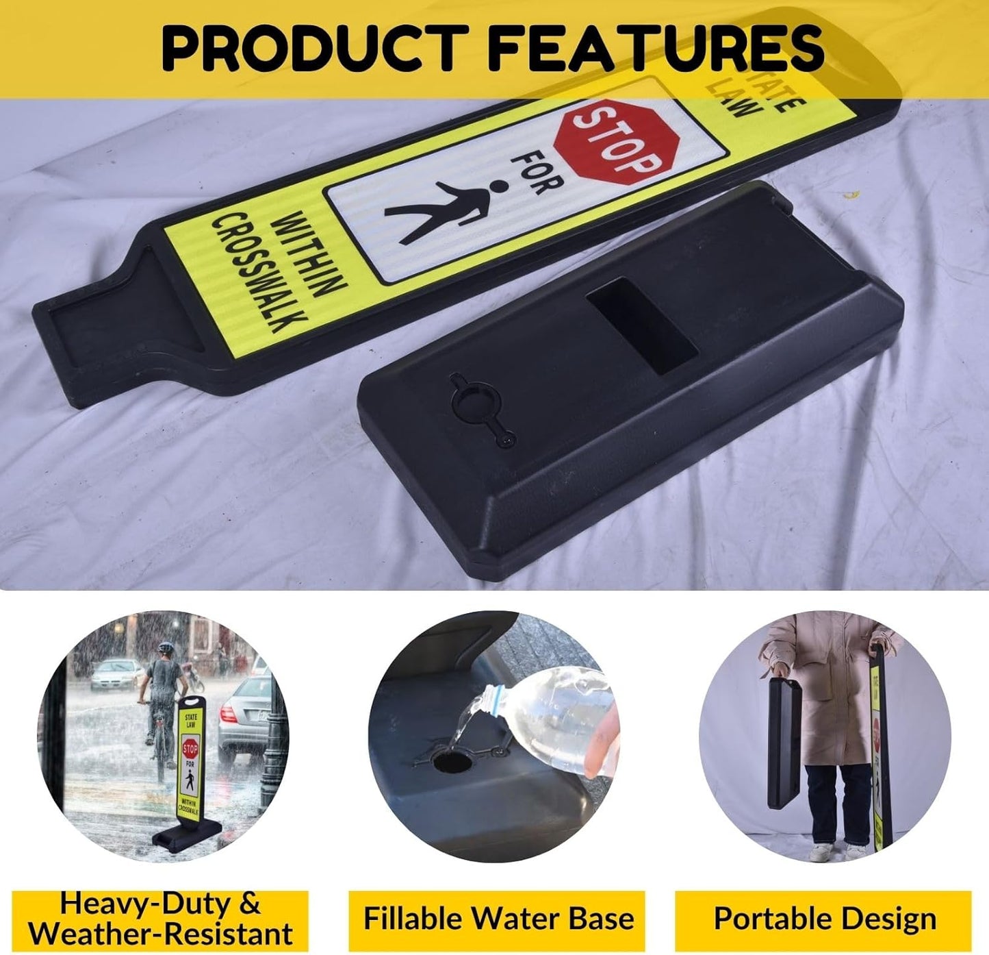 2-Pack Pedestrian Crosswalk Signs 44" Double-Sided Stop for Pedestrians Signs with Fillable Water Bases, Heavy-Duty Safety Cones for Streets, Parking Lots, and School Zones