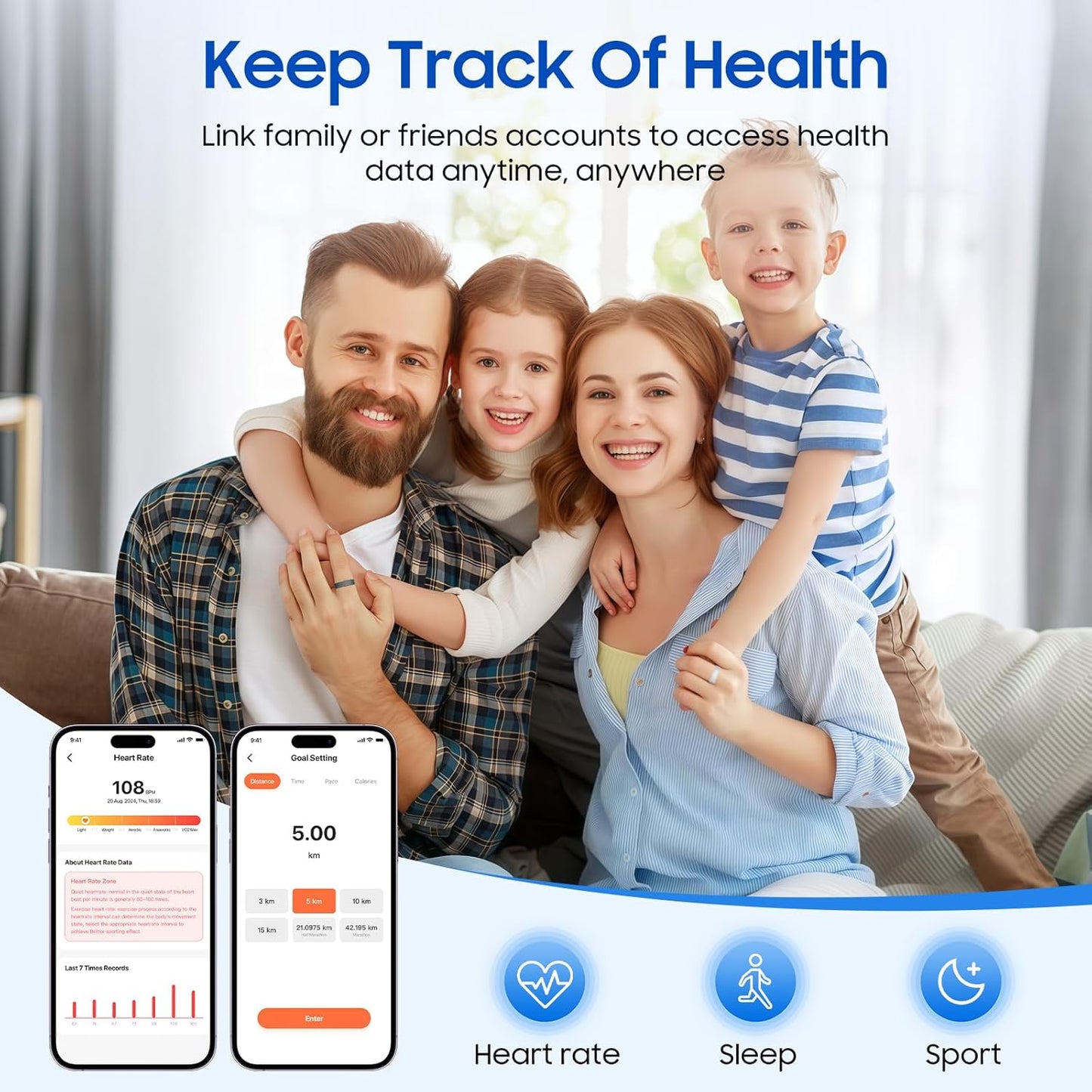 Smart Health Ring, Featuring Stress and Sleep Monitoring Functions, Compatible with iOS and Android, Waterproof Fitness Tracker for Women & Men, No Subscription Fee. (Black, 7)