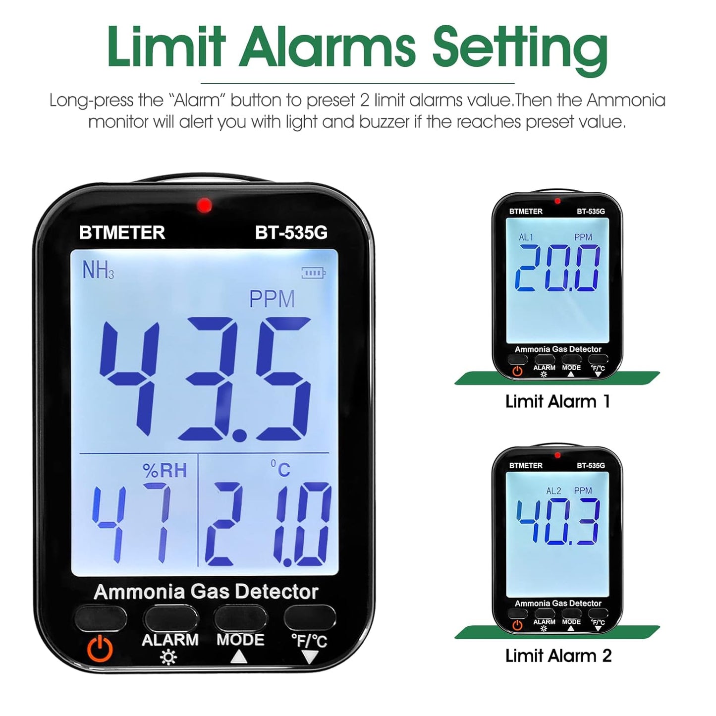 BTMETER Ammonia Gas Detector 535G, Air Quality Meter Monitor Indoor NH3 Gas 0~100 PPM, Relative Humidity and Temperature, Rechargeable Ammonia Gauge with Alarm, Backlit LCD Display