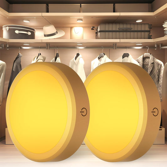 Rechargeable Puck Lights with Remote Control,LED Under Cabinet with Full-Screen,3 Color Temperatures Stick On Lights Wireless, Tap Light for Kitchen,Cabinet,Counter,Closet,Shelf,2 Pack, Gold
