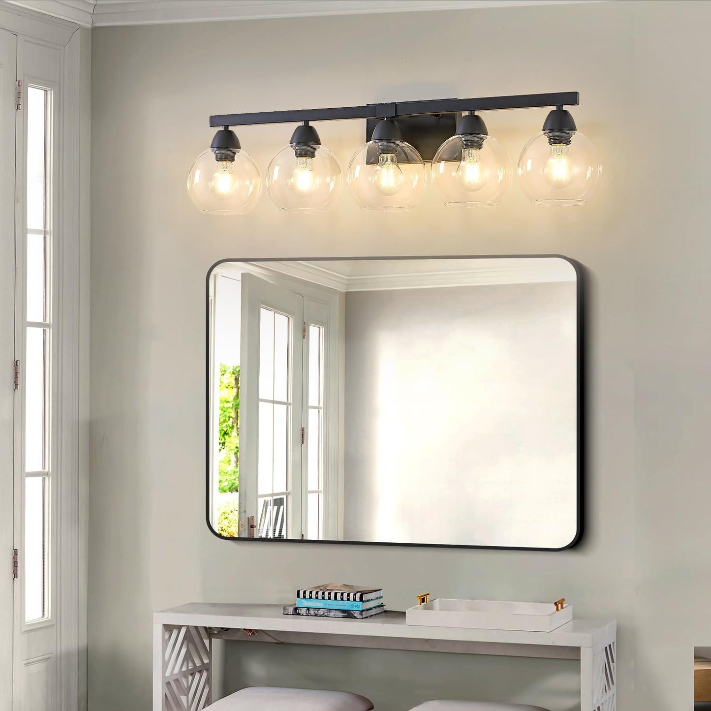 5-Light Bathroom Light Fixtures, Black Vanity Light with Premium Hand-Blown Glass Shades, Ultra-Clear & Impact-Resistant, Wall Lamp for Mirror, Living Room, Kitchen