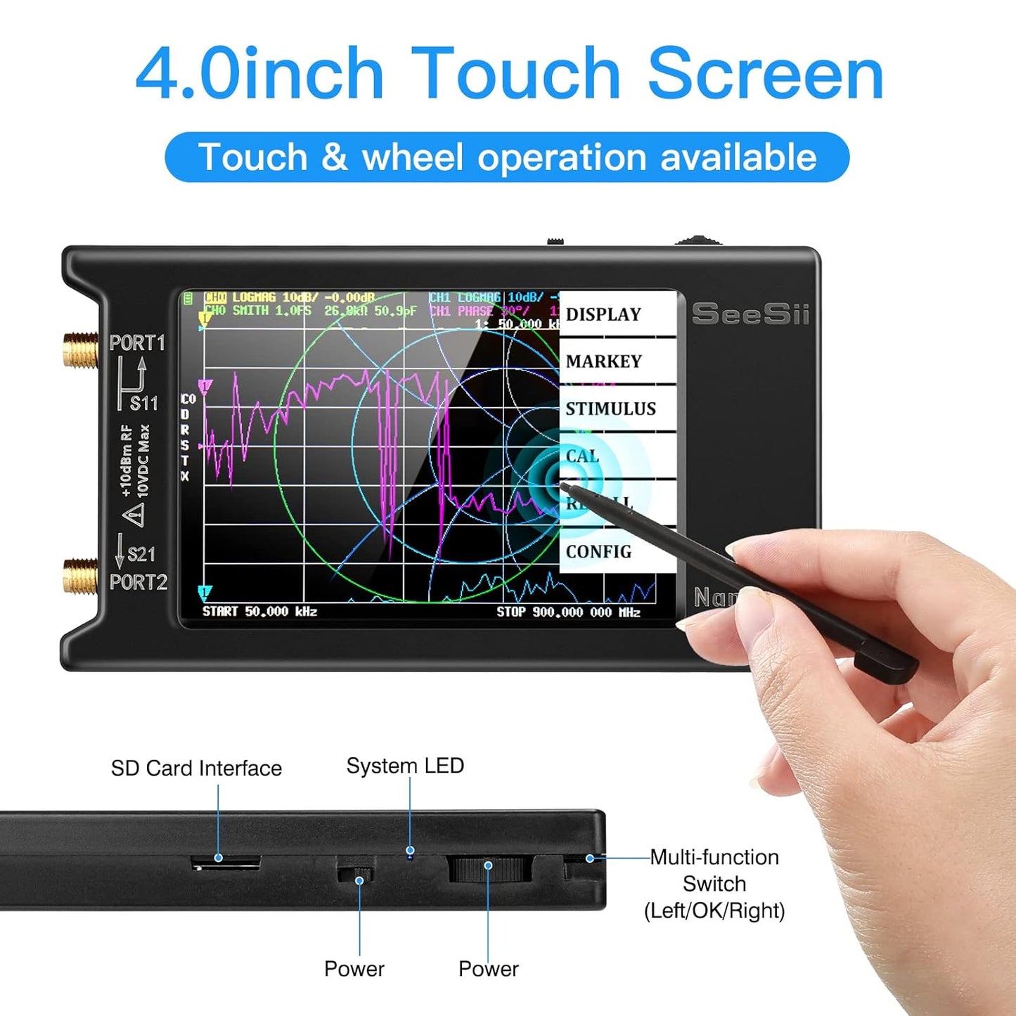 SEESII NanoVNA-H4 Vector Network Analyzer with 32GB Card, Latest V4.4 9KHz-1.5GHz HF VHF UHF 4" Touch Screen Nano Vna h4 Antenna Analyzer Measures Voltage Standing Wave Ratio, Phase,Delay,Smith Chart
