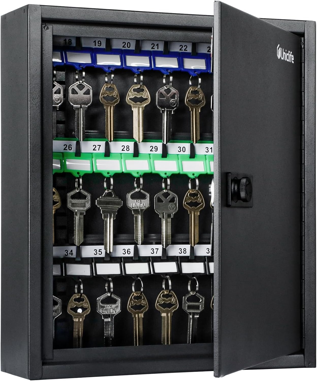 Uniclife 40 Position Key Cabinet with Combination Lock Resettable Black Digital Security Storage Box Steel Key Organizer with Adjustable Racks Colorful Key Tag Labels and Hooks