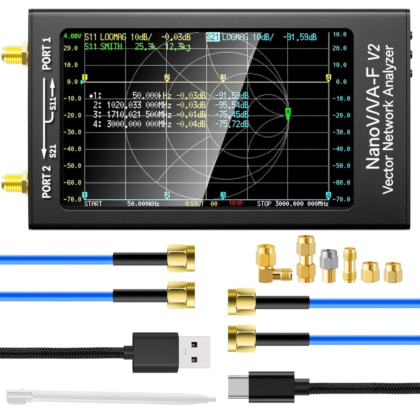AURSINC Upgraded NanoVNA-F V2 Vector Network Analyzer 50KHz-3GHz HF VHF UHF VNA Antenna Analyzer, 4.3inch Touchscreen, 5000mAh Battery, Measuring S-Parameters, SWR, Phase Delay, Smith Chart