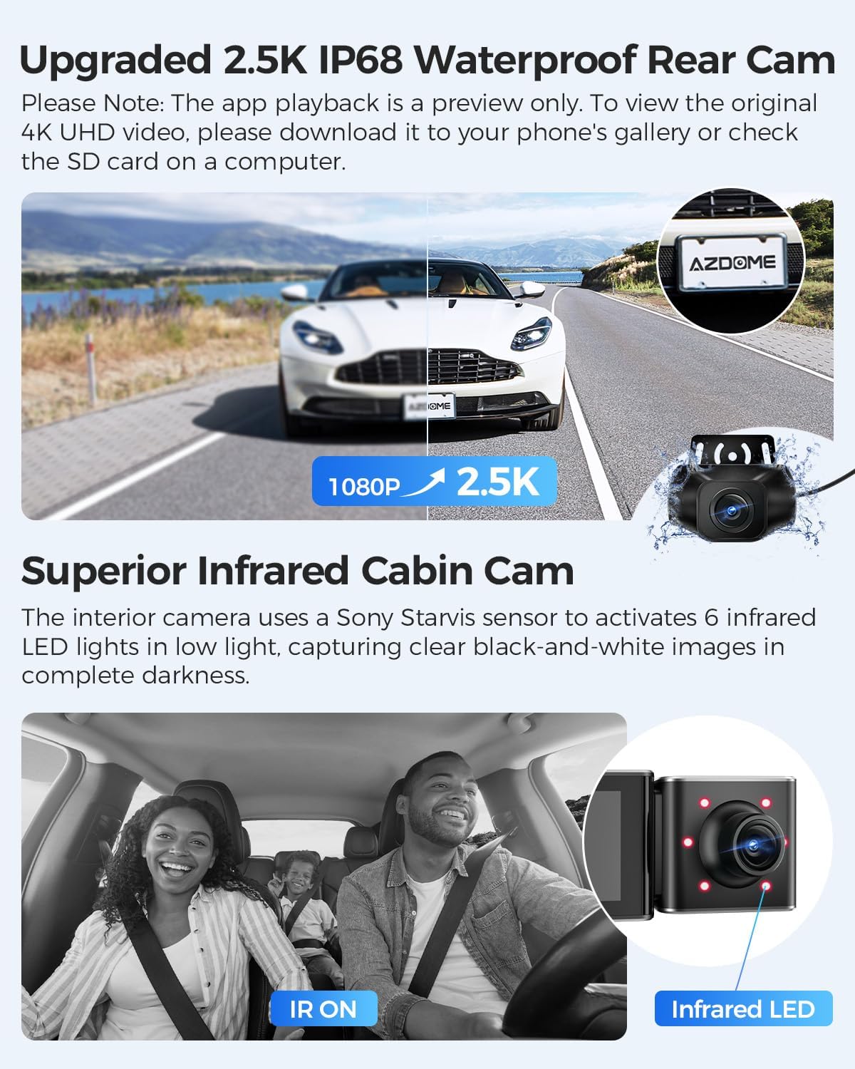 AZDOME M550 3 Channel Dash Cam, 4K+2.5K Dual Dash Camera for Cars Built-in WiFi GPS, 1440P+1080P+1440P Front and Rear Inside, 64GB Card Included, 3.19" IPS Screen, WDR, IR Night Vision, Parking Mode