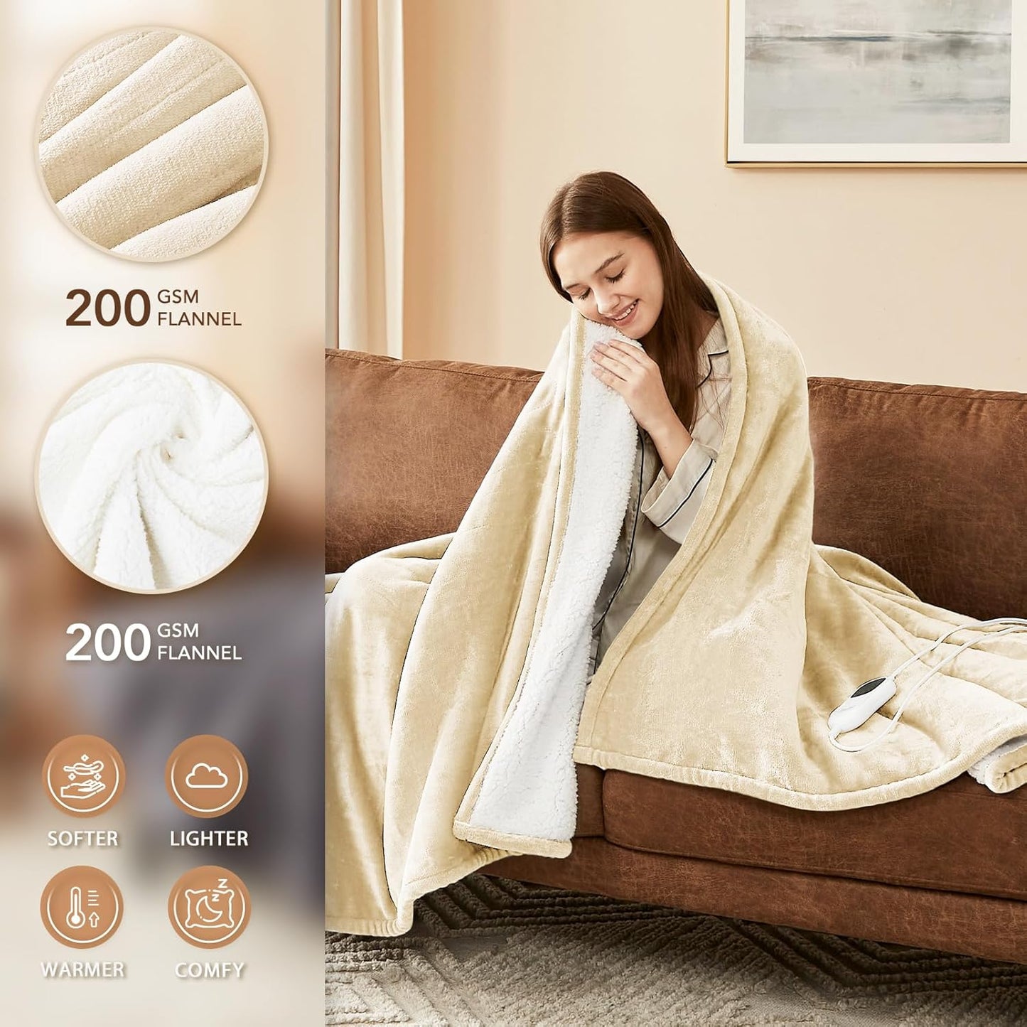 Homemate Electric Heated Blanket Queen Size - 84"x90" Heating Blanket Queen Size Dual Control 1/2/4/6/8 Hours Auto-Off 10 Heat Level Over-Heat Protection Flannel Sherpa ETL Certification