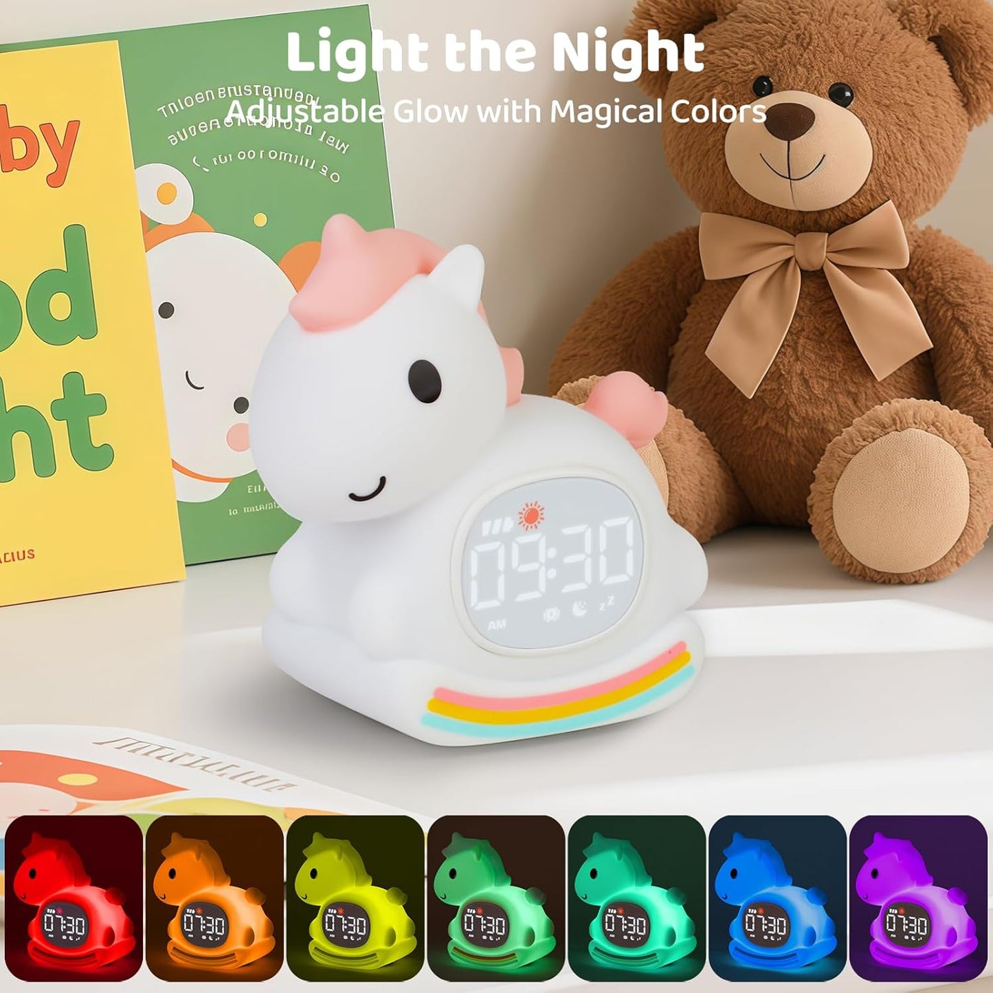 Alarm Clock with Night Light for Kids with Sleep Training and Sound Machine, Rechargeable Silicone Lamp OK to Wake Clock，Cute Animal Tabletop Lamp, Perfect Sleep Companion for Boys Girls,Pink Pony