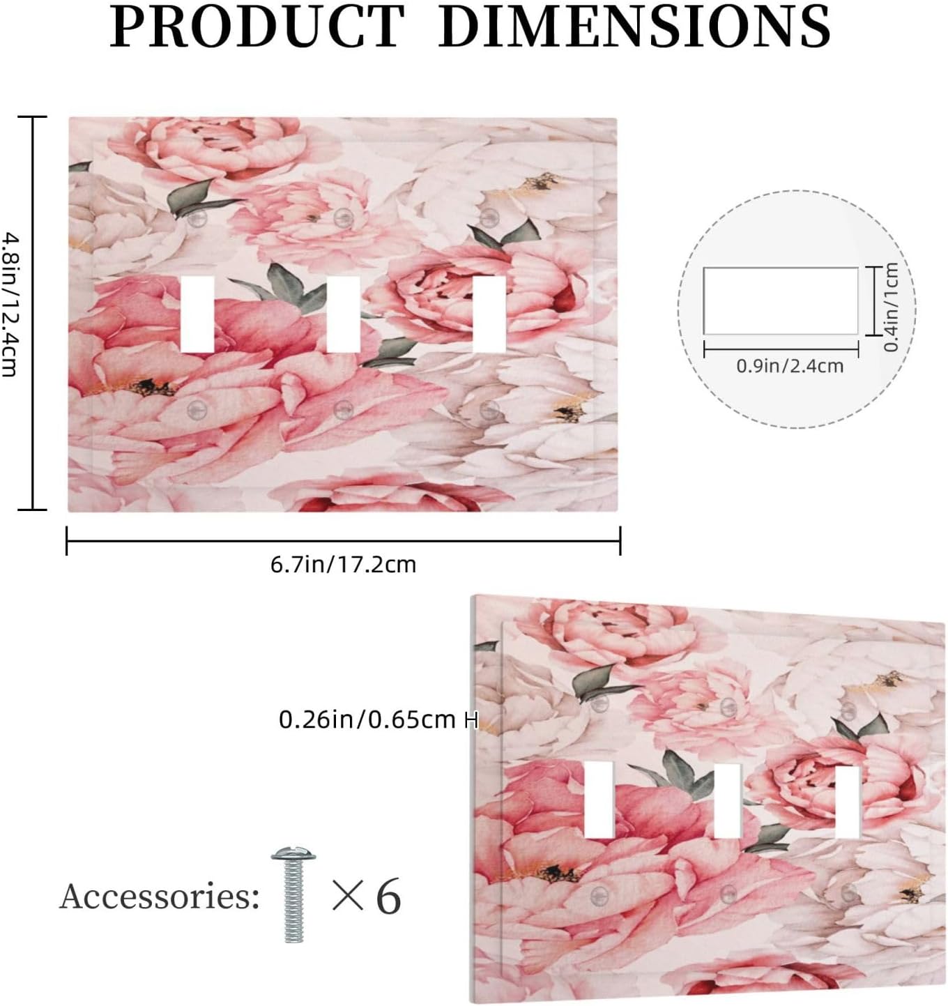 Decorative Light Switch Plate Covers Ink Pink Peony Flower Rustic Floral 3 Gang Light Switch Cover Triple Toggle Wall Plate Outlet Covers for Home Bedroom Decor