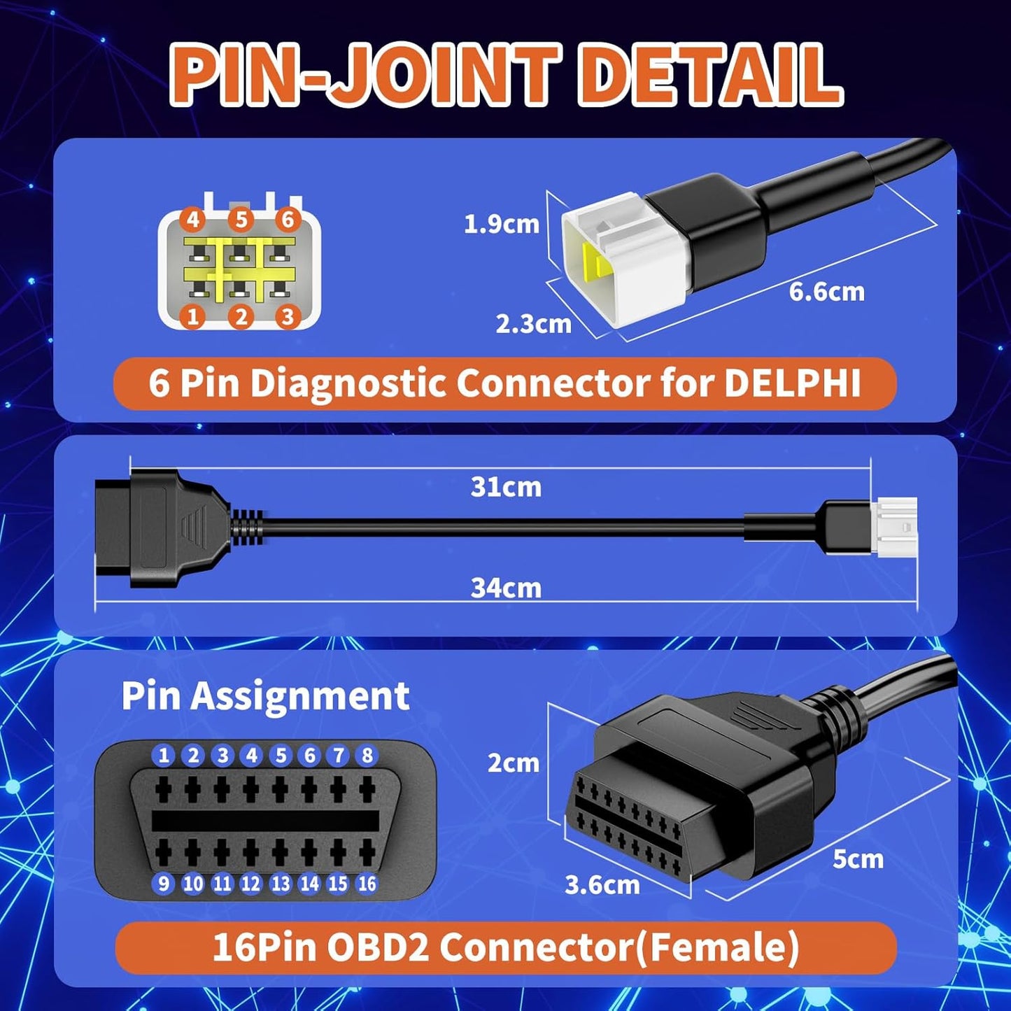 OBD2 Adapter Cable Fits for Delphi Motorcycles, 6Pin to 16Pin OBD2 Diagnostic Adapter Cable Works with All OBDII Scanner
