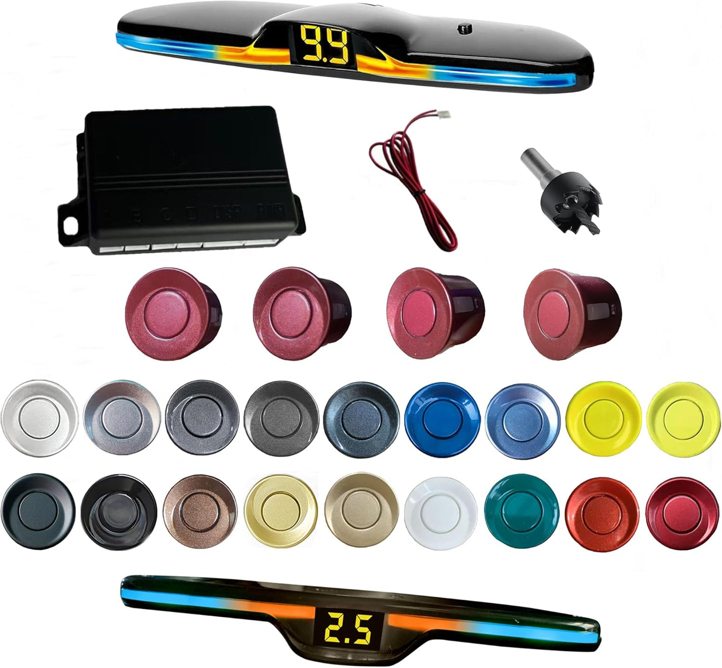 New Feature Rear Parking Sensor with Selectable Distance in Feet, Bidirectional Display Options, and Customizable Numeric Orientation and There are 18 Color Probes to Choose from(Dark Red)