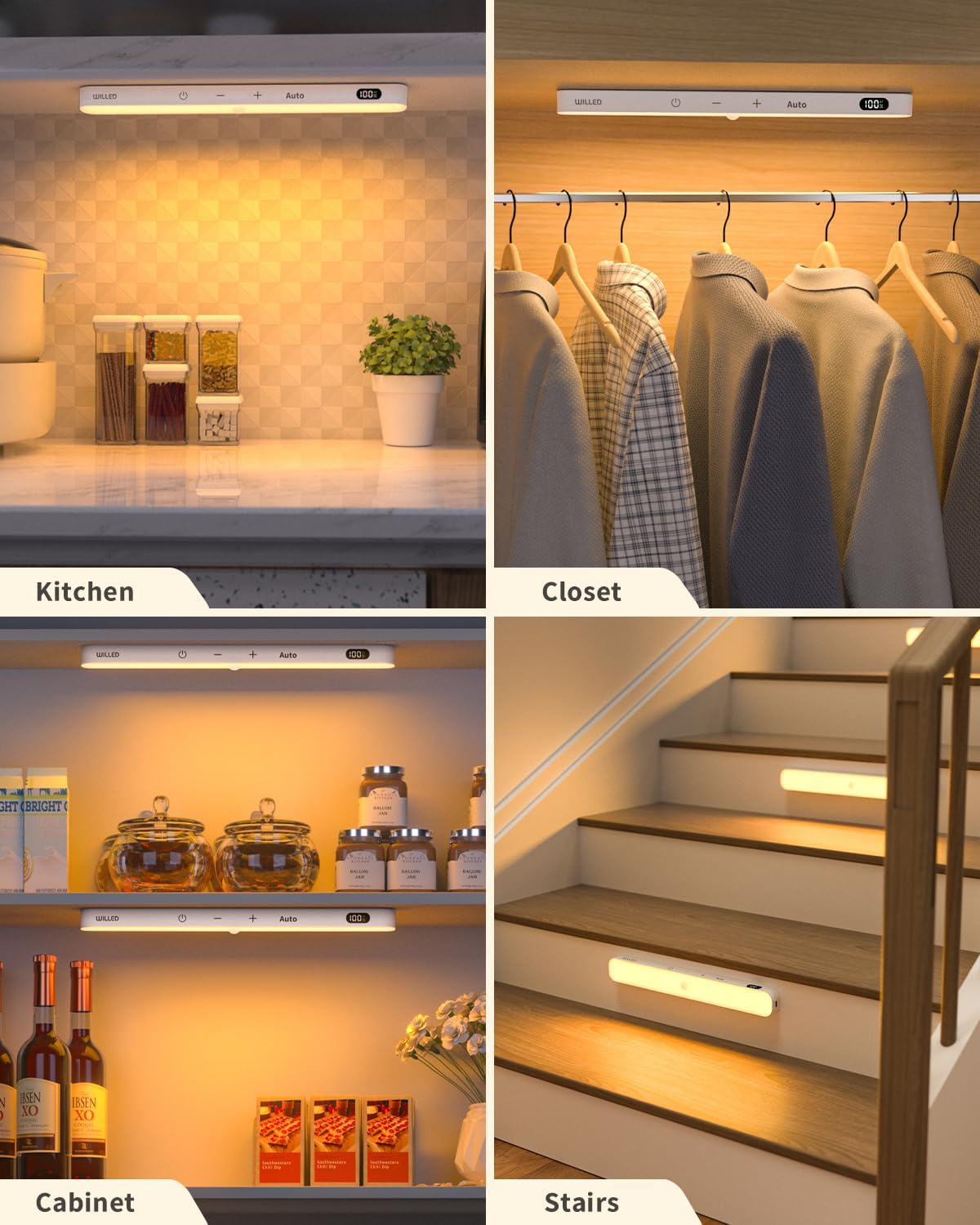 WILLED 3000K Closet Lights Motion Sensored, Battery Display, 60 LED Touch Light Bar, Motion Sensor Light Indoor, Under Cabinet Lights Rechargeable, Stick on Lights for Closet, Kitchen, Hallway, 2 Pack