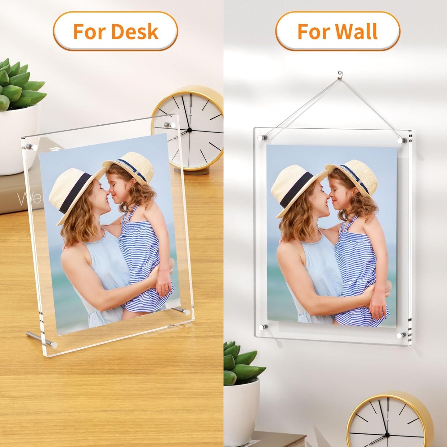 AITEE 5x7 Acrylic Picture Frames 2 Pack, Clear Desk Picture Frames with Stand, Modern Frameless Floating Frames Lucite Transparent Square Cubes Frame for Wall & Desktop Display Gift for Home Office