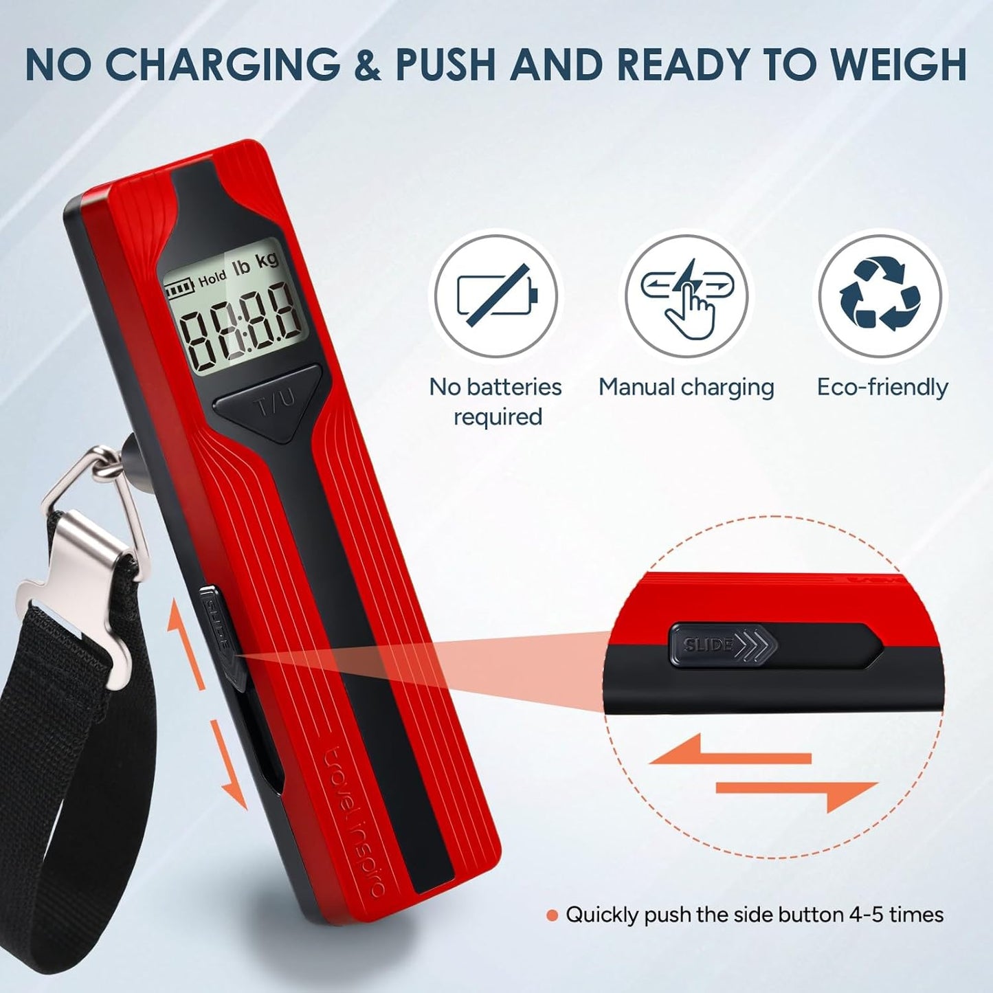travel inspira Luggage Scale Battery-Free, Travel Essentials, Portable Handheld Digital Suitcase Weight Scale for for Travel Accessories, 110lbs/50kg (Red)