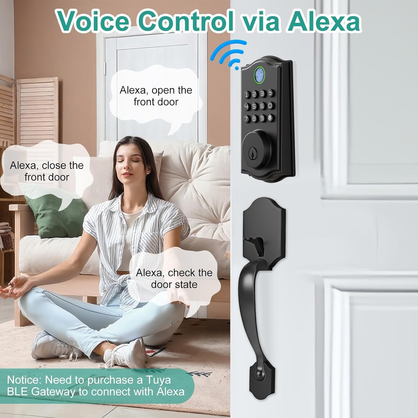 Smart Front Door Lockset, Keyless Entry Deadbolt with Handle, Fingerprint/App/Code/Key Unlock, Anti-Peeping Keypad, Auto-Lock, Easy Install