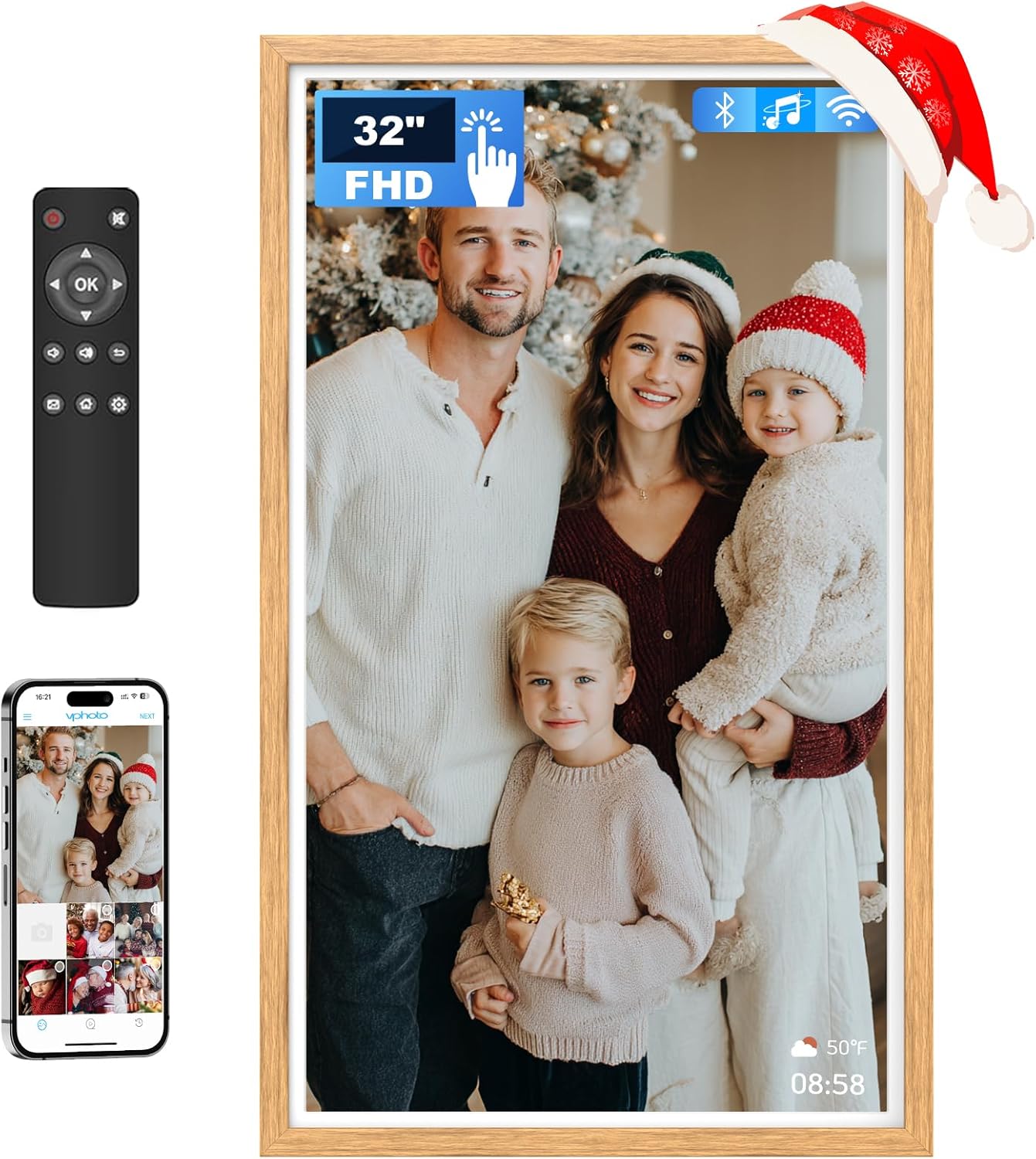 32 Inch FHD Extra Large Digital Picture Frame Touchscreen, 64GB FHD IPS WiFi Digital Photo Frame Remote, Share Photo/Video via Apps, Email, Auto-Rotate,Wood Pattern