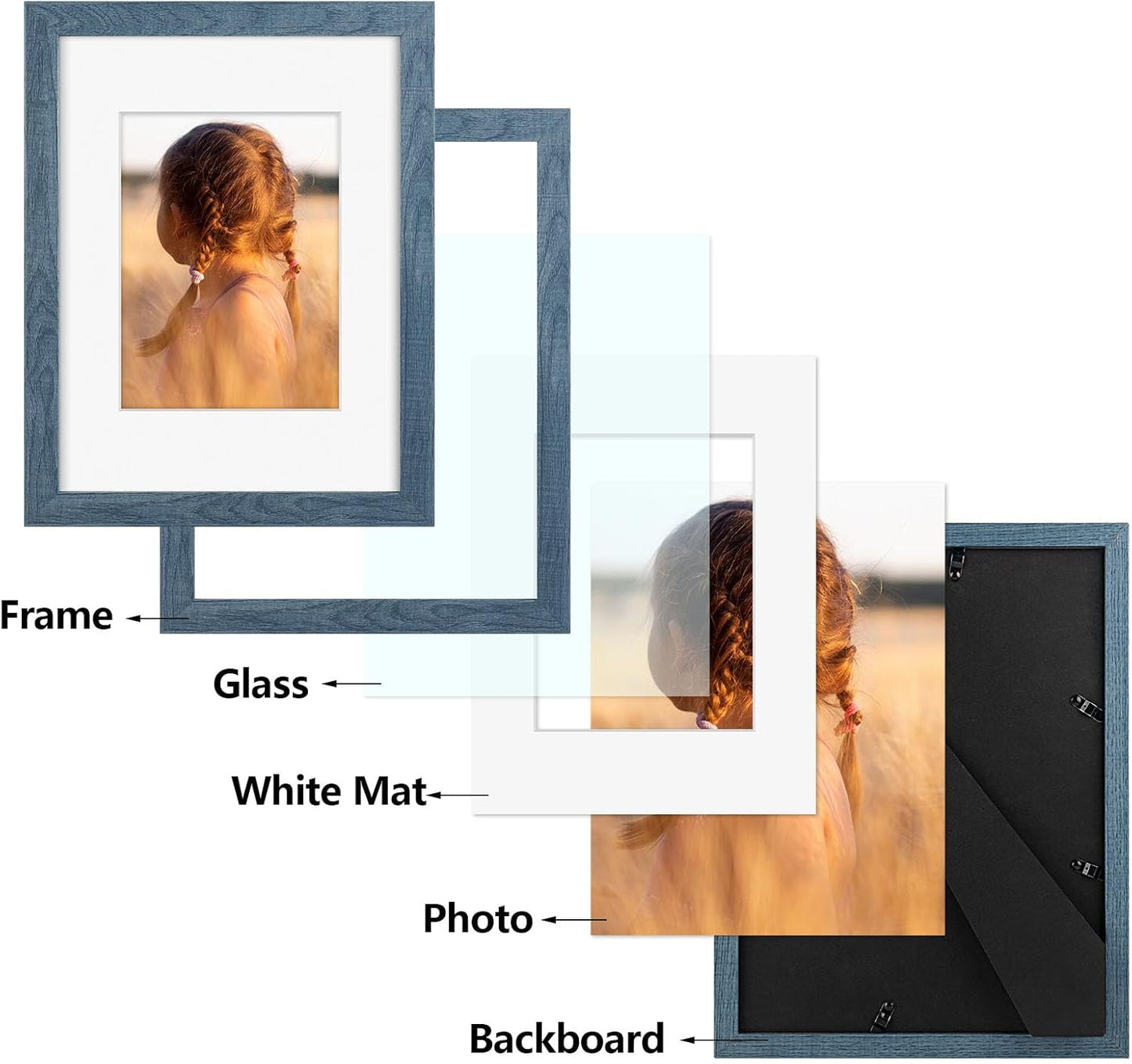 Golden State Art, 9x12 Picture Frame with Mat for 6x8 - High Definition Glass Wall Mounting Horizontal Vertical Display (Blue, 1 Pack)