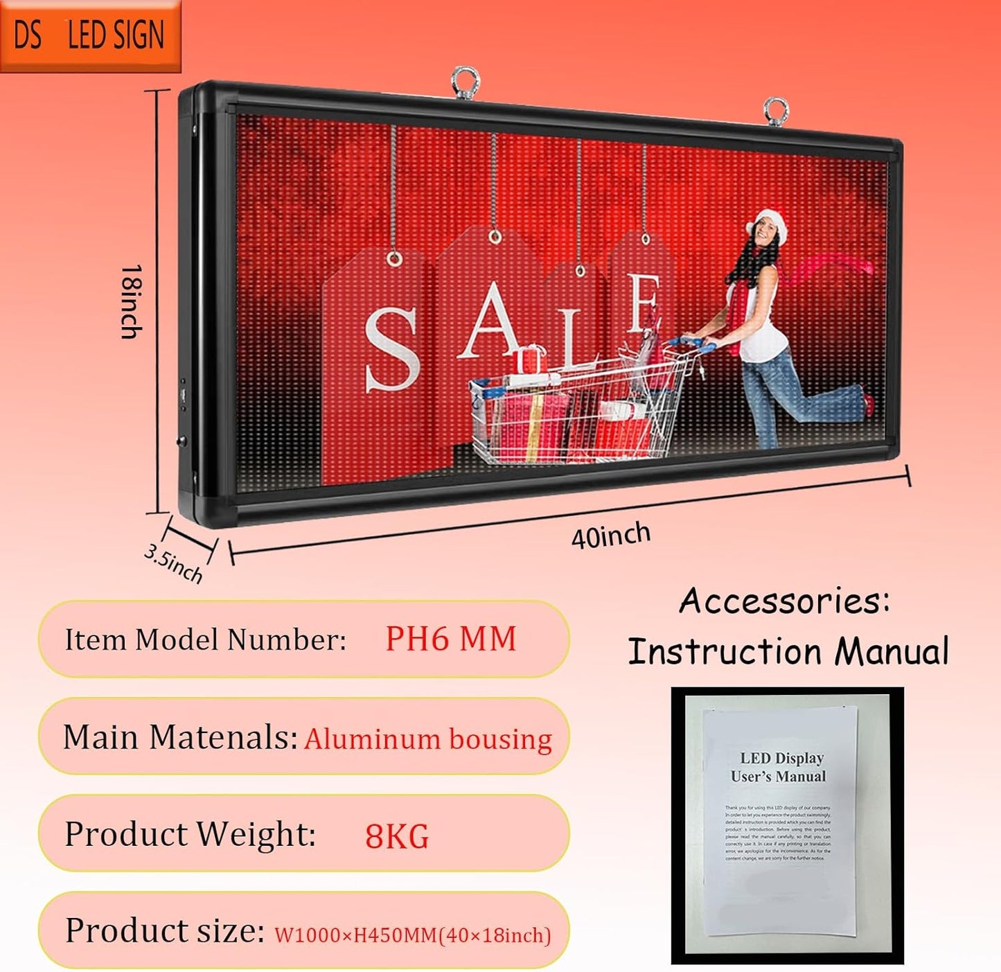 P6 Outdoor LED Sign 40" x 18" Programmable LED Scrolling Message Board with High Resolution Support Texts, Images& Video with Waterproof IP45