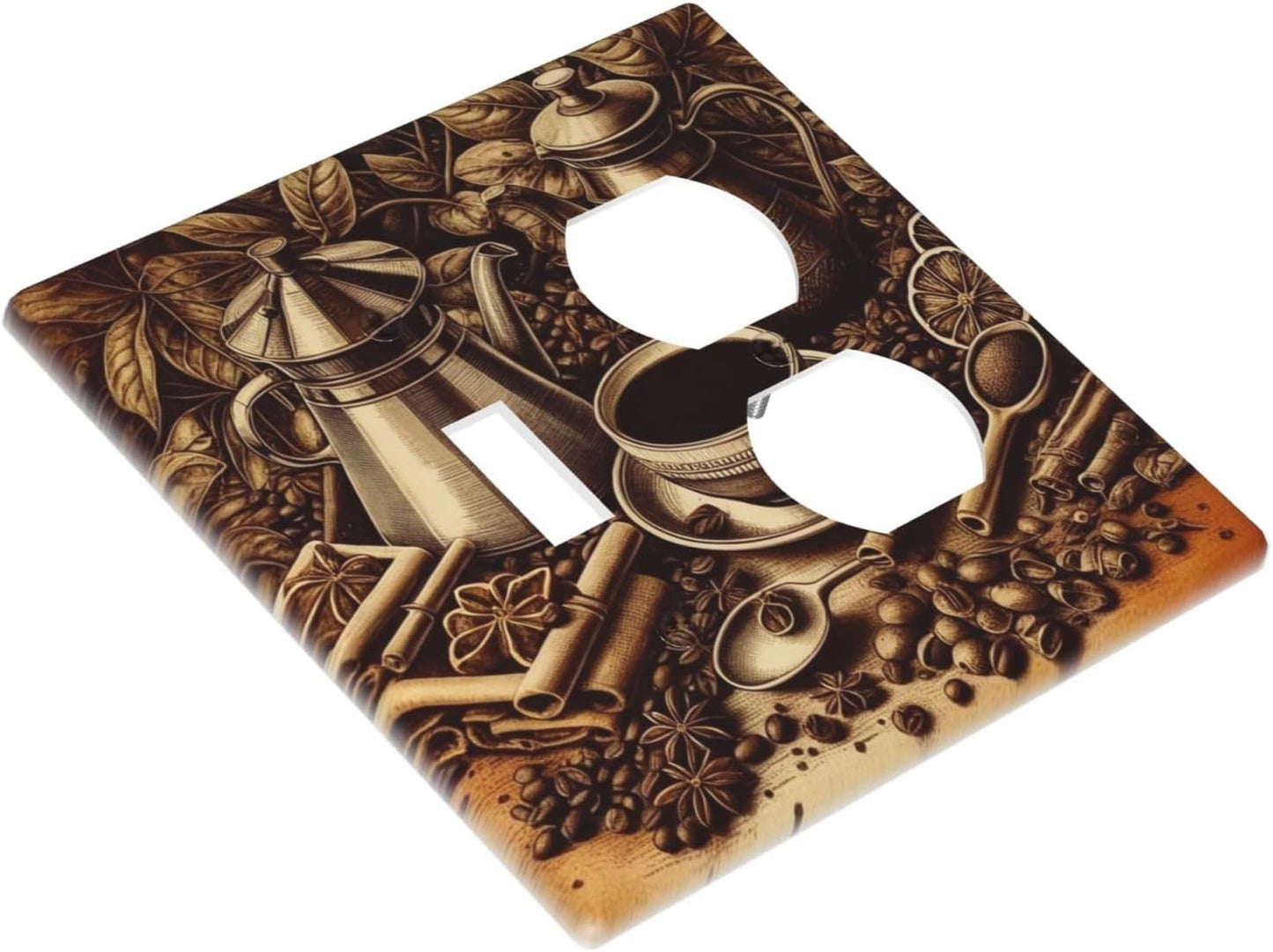 Decorative Outlet Covers Vintage Coffee Beans Leaf Cup 2 Gang Wall Plate Cover Single Toggle Duplex Combo Two Switch Light Switch Cover Plate Jumbo Dual GFCI Faceplate