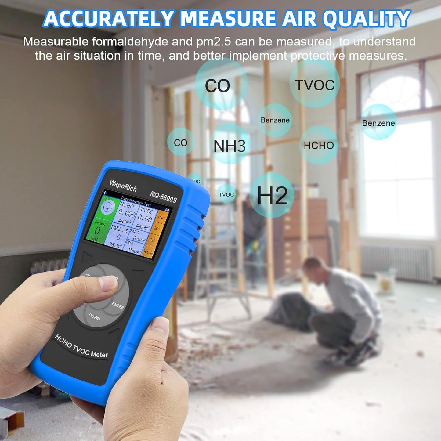Air Quality Monitor PM2.5/PM10 Particle Counter, Ammonia Gas Detector Formaldehyde Detector Indoor/Outdoor Air Pollution Detection TVOC Volatile Organic Compound Gas USB Rechargeable