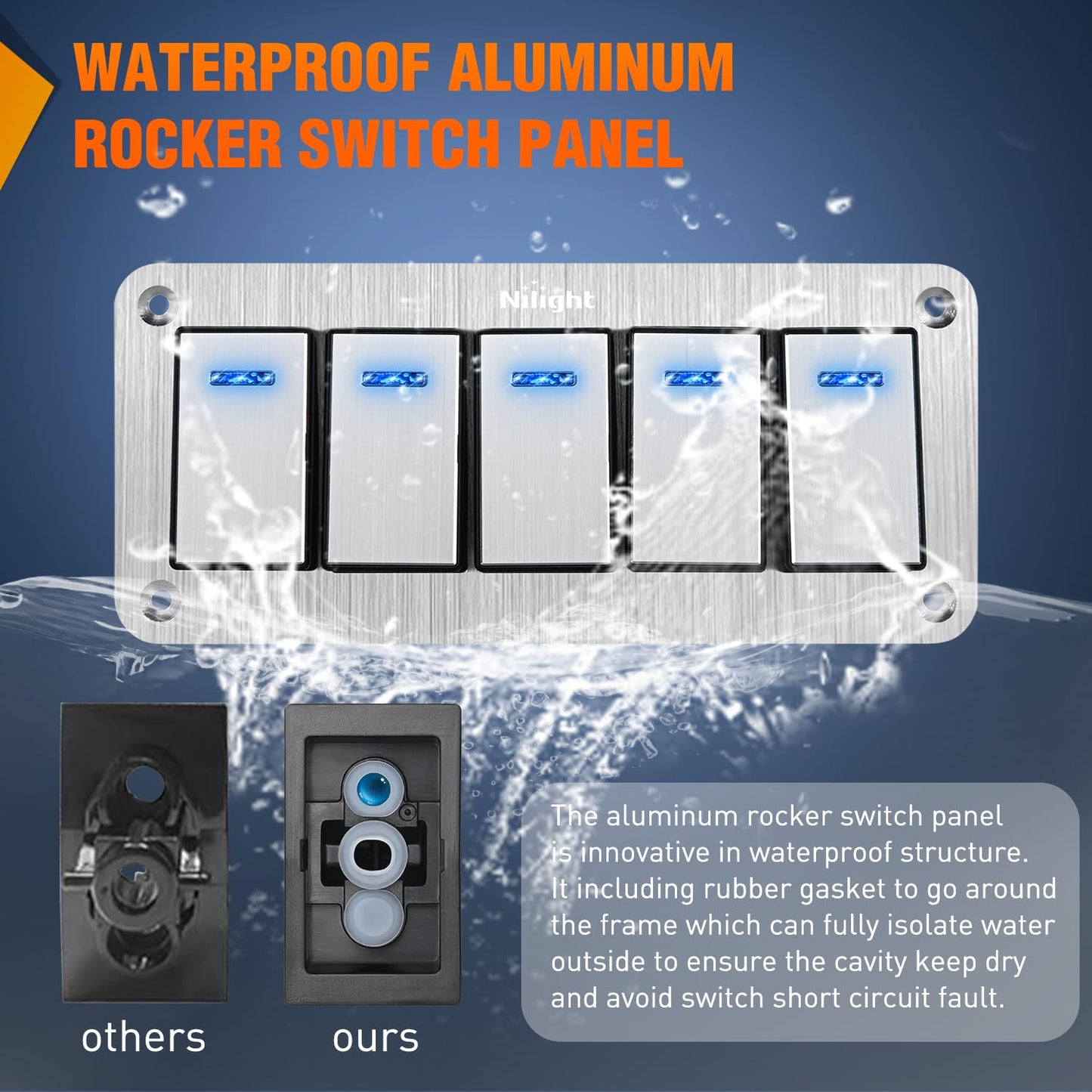 Nilight 5 Gang Rocker Switch Panel 3 Pin On Off Pre-Wired Blue LED Waterproof Aluminum with DIY Stickers for 12V 24V Automotive Cars Marine Boats UTV Truck Jeeps