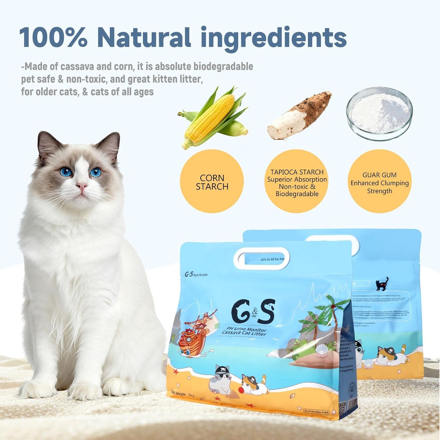 G&S Tapioca Cat Litter, Cassava Cat Litter, Automatic Litter Box Friendly,Non Sticking, Rapid Clumping, Water Absorbent, Dust-Free,(4.5lb×2bags)