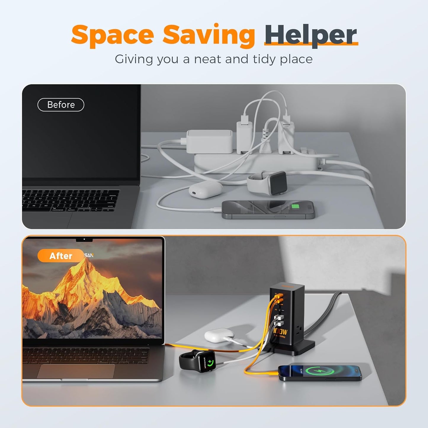 Charging Station PD 100W, TESSAN 9-in-1 USB C Power Strip for iPhone 17/16/15, MacBook, Tablet, Desktop Phone Fast Charger with 3 AC, 3 USB-A Ports, Home Drom Office Accessories