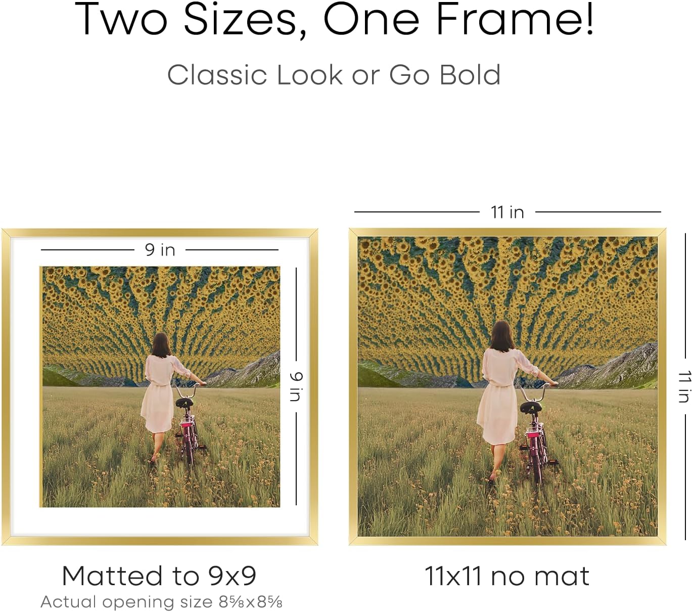Homeforia 11x11 Picture Frame Gold, High End Metal 11 by 11 Square Frames with Mat 9 x 9 Photo, 11by11 Thin Poster Frame Matted to 9x9 inch Art, Wall Hanging Frames, Tempered Glass, Wall Kit, Set of 3