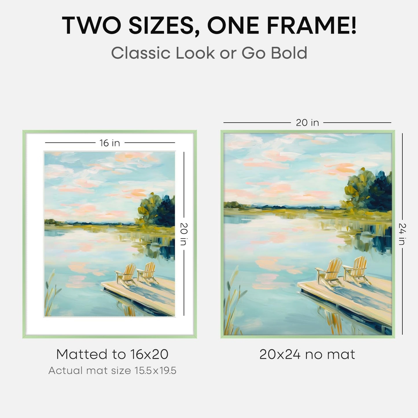 Homeforia 20x24 Frame Sage Green, High End Metal 20x24 Poster Frames with Mat 16x20 inch Photo, 20 x 24 Sage Green Picture Frame Matted to 16 by 20 Art, 24x20 Frame, Tempered Glass, Wall Kit, Set of 1